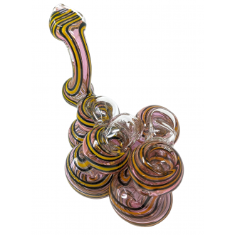 6" Gold Fumed Curl Line Flat Mouth Quadrouple Chamber Bubbler Hand Pipe - [STJ119]