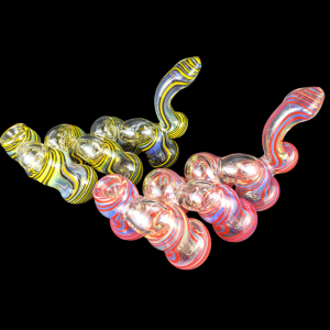 5.5" Gold Fumed Dual Spiral Flat Mouth 6-Chamber Bubbler Hand Pipe - [STJ132]