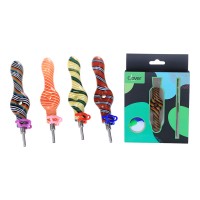 Clover Glass 10mm SS Tip Swirl Art  Donut Nectar Collector Set W/ Ceramic Dabber/Plastic Clip/Silicone Jar