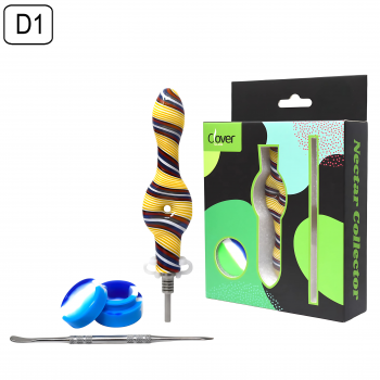 Clover Glass 10mm SS Tip Swirl Art  Donut Nectar Collector Set W/ Ceramic Dabber/Plastic Clip/Silicone Jar