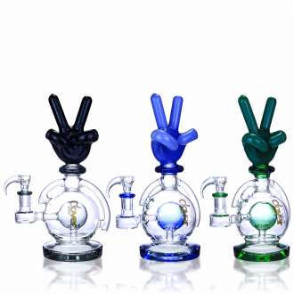 Clover Glass - 9.5" Peace Hand Gesture Globe Perc Water Pipe