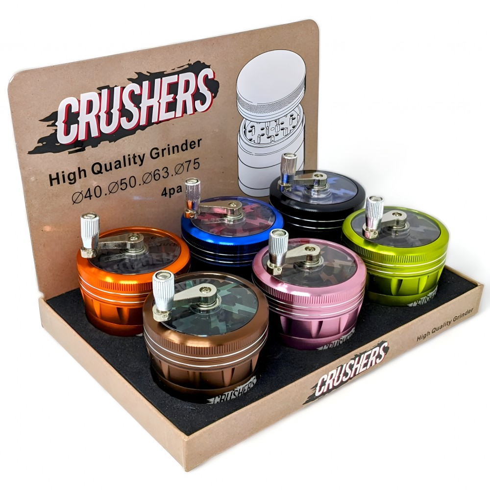 63mm Crushers Crank Top-Handle Herb Grinder 12Ct Display | Skygate Wholesale