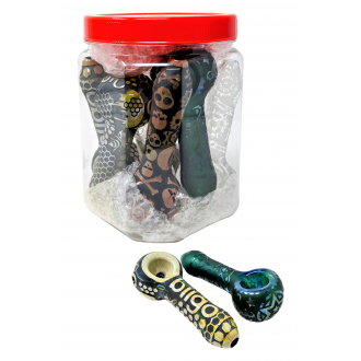 BIIGO Glass - 4.5" Heady Deep Etched Assorted Work Hand Pipe By Lookah 8ct JAR - [GT8JAR]