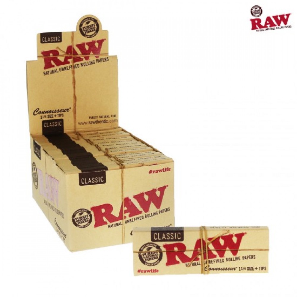 Raw Classic Connoisseur Rolling Papers 1 ¼ Size With Tips 24ct Box