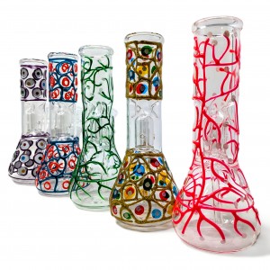 8" Assorted Artistry W/ Gluetchic Borders Single Dome Perc Water Pipe - [BK238]